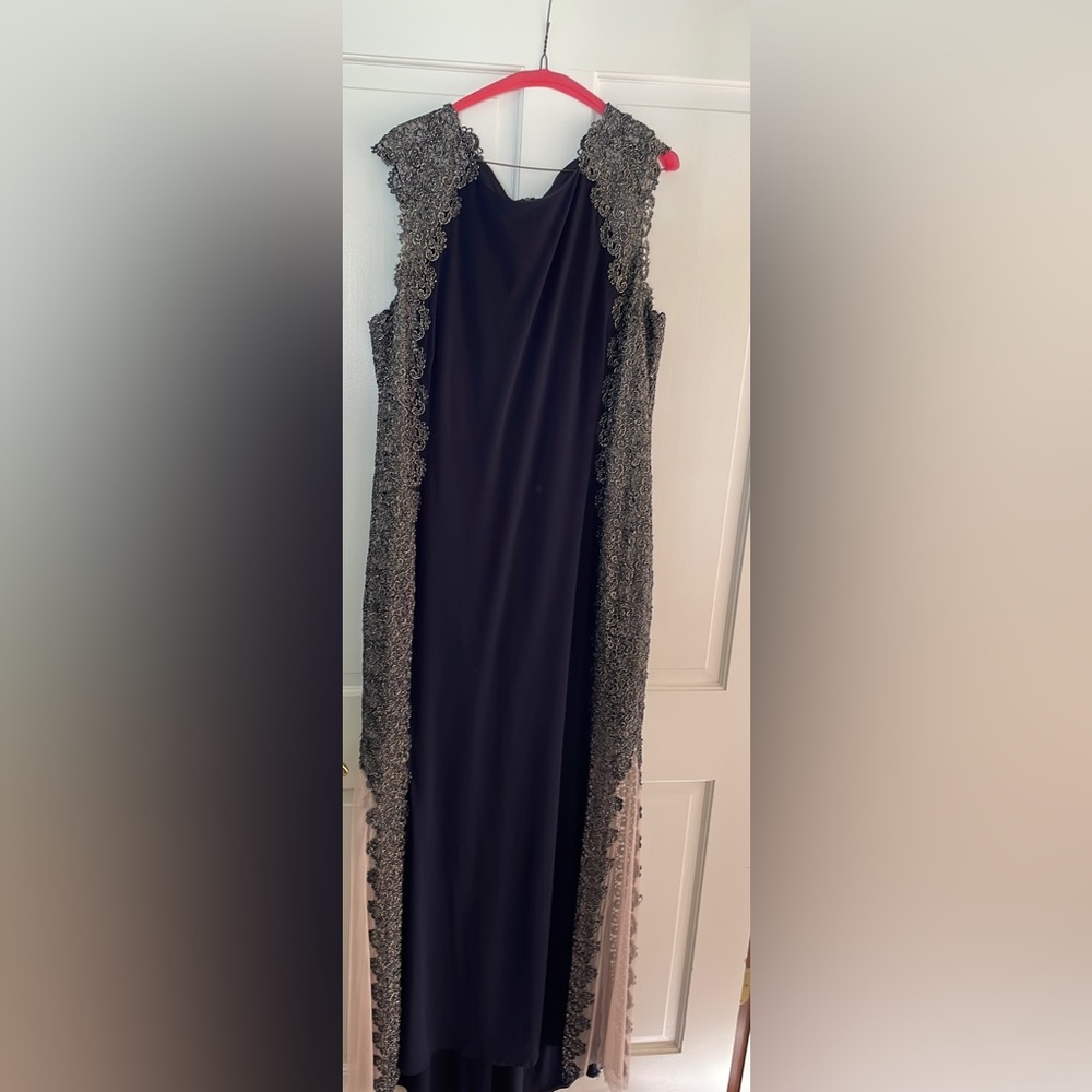 XSCAPE navy blue and gold lace formal dress